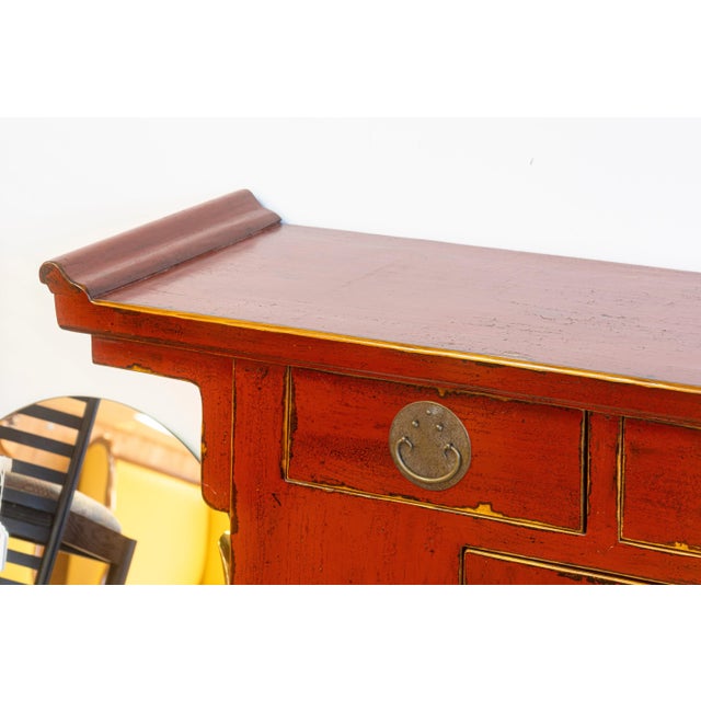 Vintage Asian Red Lacquered With Brass Hardware Sideboard Buffet Cabinet For Sale - Image 4 of 9