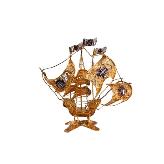 Silver Silver Filigree Caravel with Enameled Crosses on the Sails and Mast For Sale - Image 8 of 10