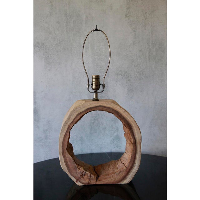 Late 20th Century Rustic Teak Wood Table Lamp, Vintage Circular Design For Sale - Image 5 of 12