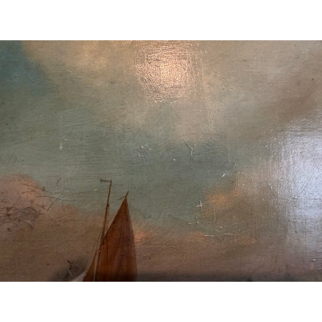 Impressionist Antique Oil Painting Dutch Marine Seascape Sailing Boats Coastal Scene Unsigned For Sale - Image 3 of 10