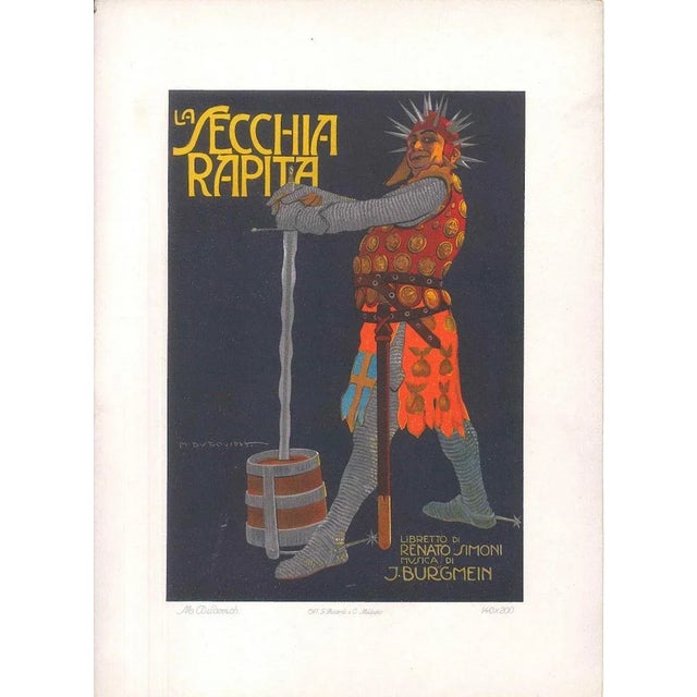 Image dimensions. 26x18 cm. La Secchia Rapita is a beautiful and rare color lithograph printed by Ricordi, Milan, in 1910....