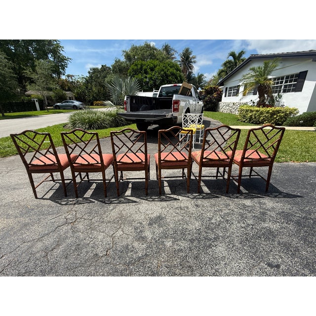 Vintage Chinese Chippendale Faux Bamboo Wooden Dining Chairs Set of 6 For Sale - Image 4 of 9