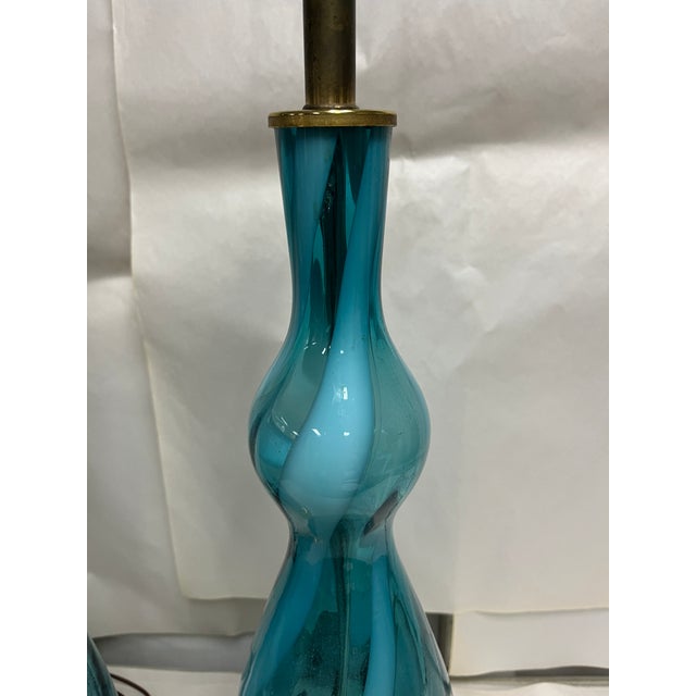 Mid-Century Modern 1970s Mid-Century Modern Murano Blue Swirl Glass Lamps - a Pair For Sale - Image 3 of 5