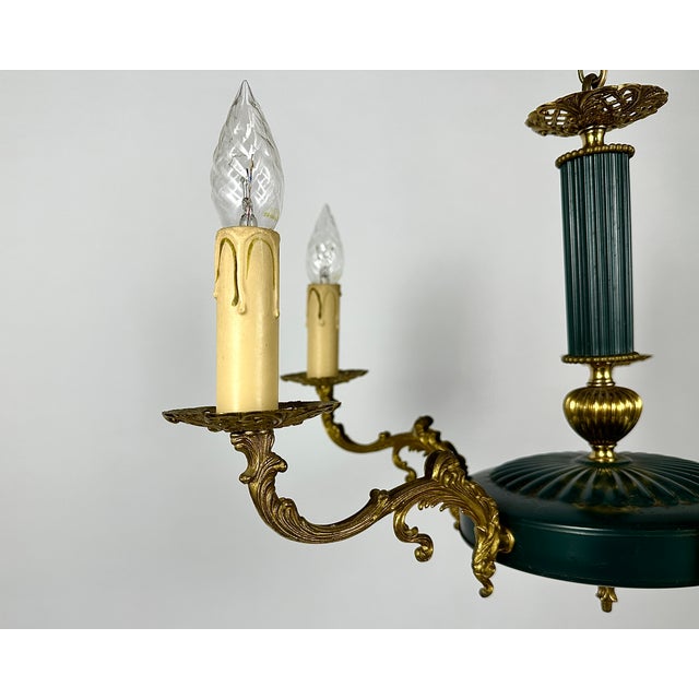 Vintage Empire Bronze Green Gold Chandelier with 5 Arms For Sale - Image 5 of 11