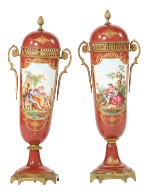 Early 19th Century Pair Bronze Mounted / Porcelain Urns