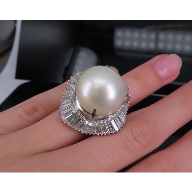Late 20th Century Rare 18mm South Seas Pearl & 3.63ct Diamond Platinum Ring, 32gr Size 5.75 For Sale - Image 9 of 18