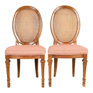 Drexel French Regency Louis XVI Carved Walnut Cane Back Side Chairs or Dining Chairs | Pair For Sale