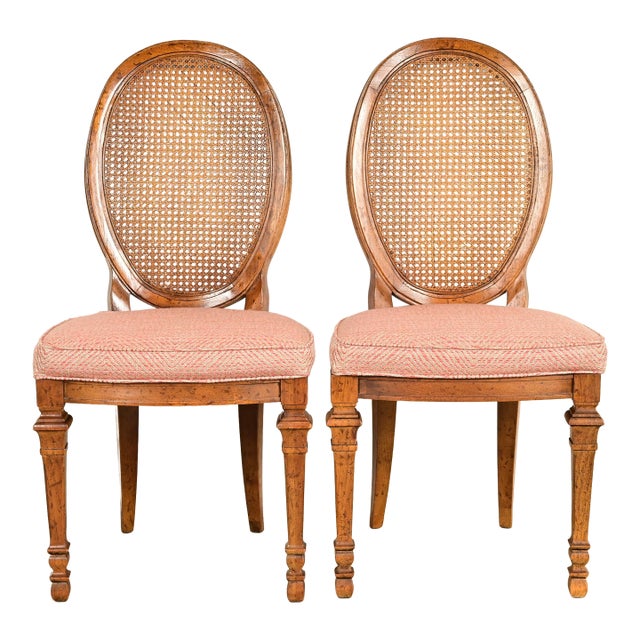 Drexel French Regency Louis XVI Carved Walnut Cane Back Side Chairs or Dining Chairs | Pair For Sale