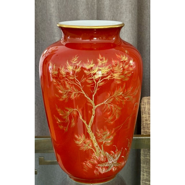 Chinoiserie Large Chinoiserie Orange Red Porcelain Hutschenreuther Sleb Vase For Sale - Image 3 of 13