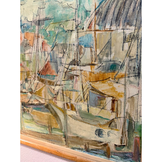 Vintage Boat Harbor Marina Painting Helen Silesky 1959 For Sale - Image 4 of 12