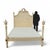 Large lacquered wooden bed with wooden and metal vases decorating each post of the headboard and footboard; the headboard...