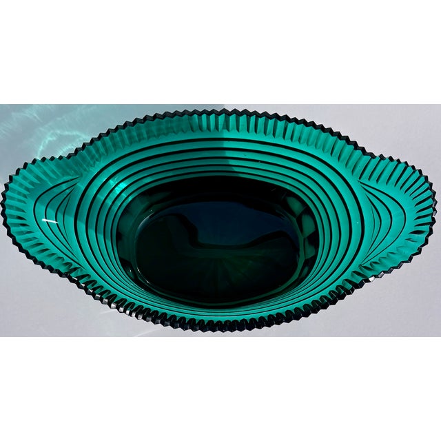 French Art Deco Teal Blue-Green Cut Glass Centerpiece Bowl, Circa 1920's For Sale - Image 13 of 16