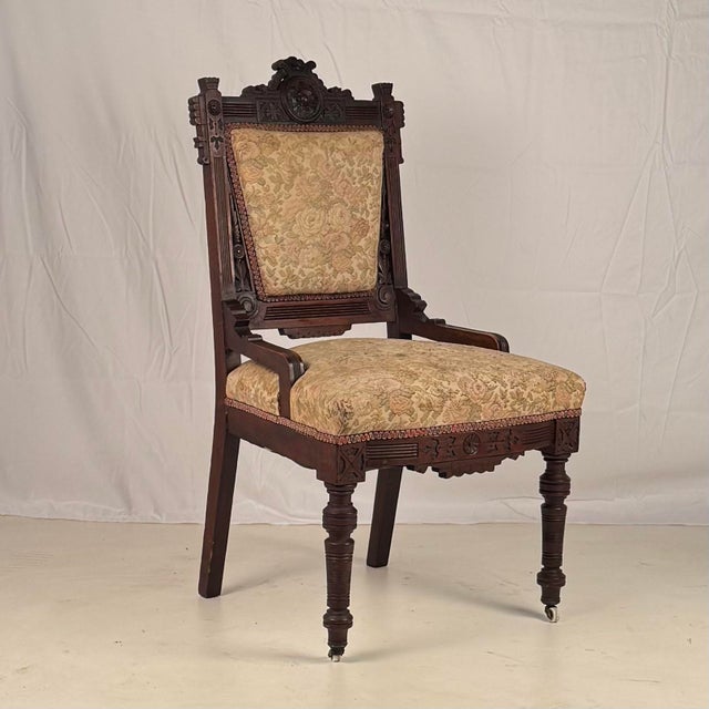 Set of 4 Intricately Carved Eastlake Movement Victorian Dining or Game Chairs, Early 20th Century For Sale - Image 4 of 11