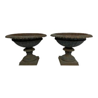 Late 19th Century Victorian Cast Iron Urns with Green Paint Patina - A Pair For Sale