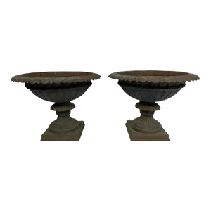 Late 19th Century Victorian Cast Iron Urns with Green Paint Patina - A Pair