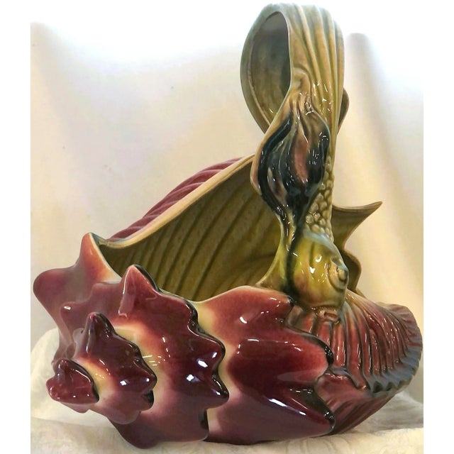 Vintage 1950's Hull Pottery EBB Tides original planter basket. Signed Hull on bottom of large conch shell with Koi fish...