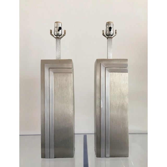 Pair of rectangular brushed steel Mid Century lamps by Pierre Cardin.