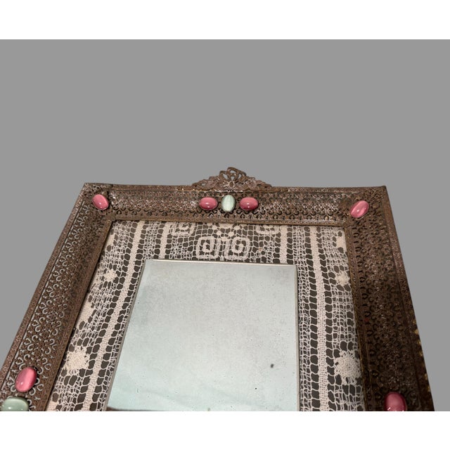 Vintage Jewel Decorated Reticulated Metal Framed Mirrored Vanity Dresser Tray For Sale - Image 4 of 6