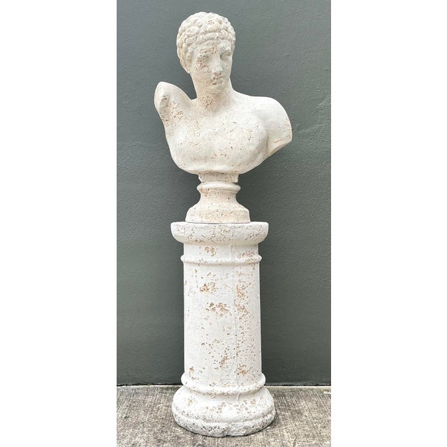Vintage Faux Coral Cast Plaster Bust of Hermes on Pedestal For Sale - Image 4 of 12