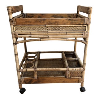 1970s Vintage Rattan Wicker and Bamboo Bar Cart With Wheels For Sale