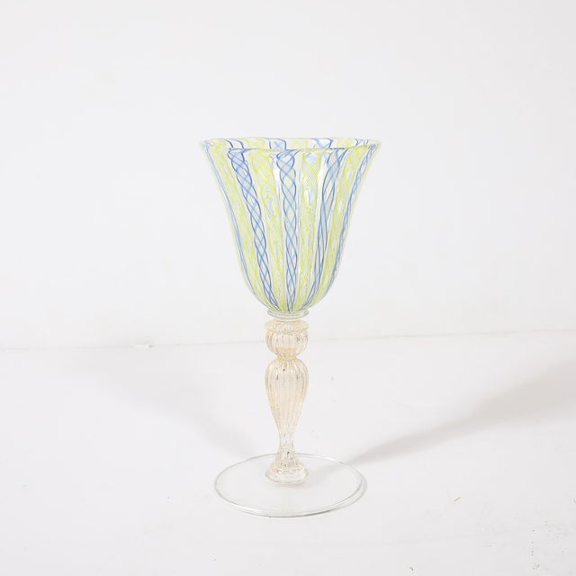 Set of 8 Hand-Blown Murano Latticino Blue & Chartreuse Wine Glasses W/ 24k Gold For Sale - Image 11 of 18