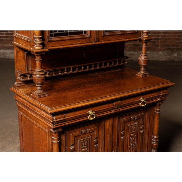 Wood Late 19th Century Renaissance Revival Oak Sideboard With Leaded Glass Hutch For Sale - Image 7 of 13