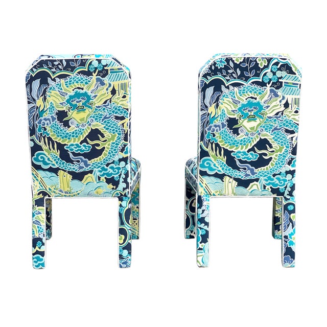 Pair of Mid Century Ming style parsons chairs, fully upholstered in Thibaut's vibrant 'Imperial Dragon' linen fabric,...