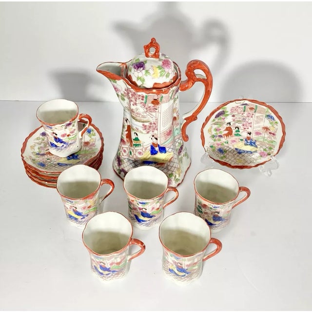 1940s Postwar Japanese Import 13-Piece Bone China Demitasse Coffee Set, Geisha Good vintage condition. Two saucers have...