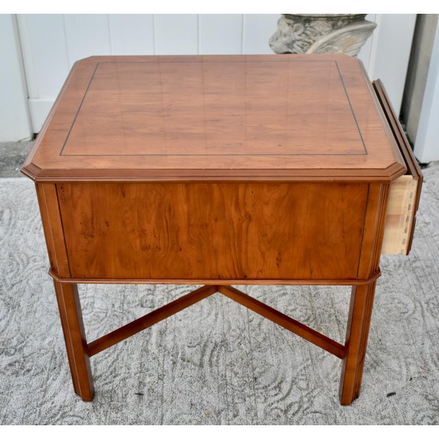 Drexel Inlaid Side Table YewWood One Drawer Regency Style Stretcher Base Vintage For Sale - Image 11 of 13