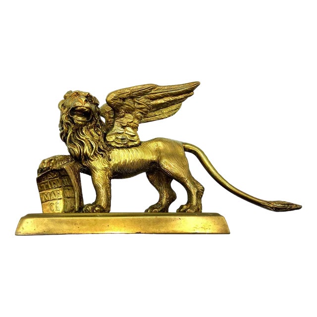 Antique Bronze Winged Lion on Rectangular Base For Sale