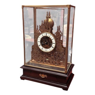 Large Architectural Brass Cathedral Skeleton Clock with Case and Key For Sale