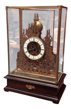 Large Architectural Brass Cathedral Skeleton Clock with Case and Key