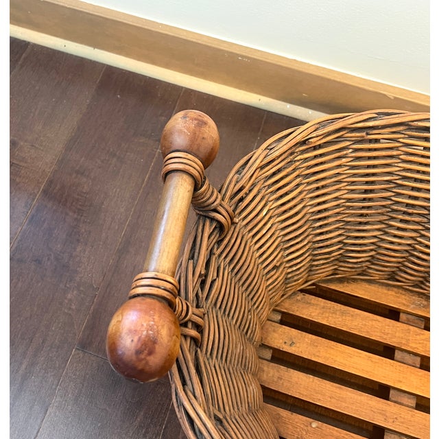 Vintage Woven Wicker Basket With Turned Wood Handles & Wood Slatted Base For Sale - Image 4 of 14