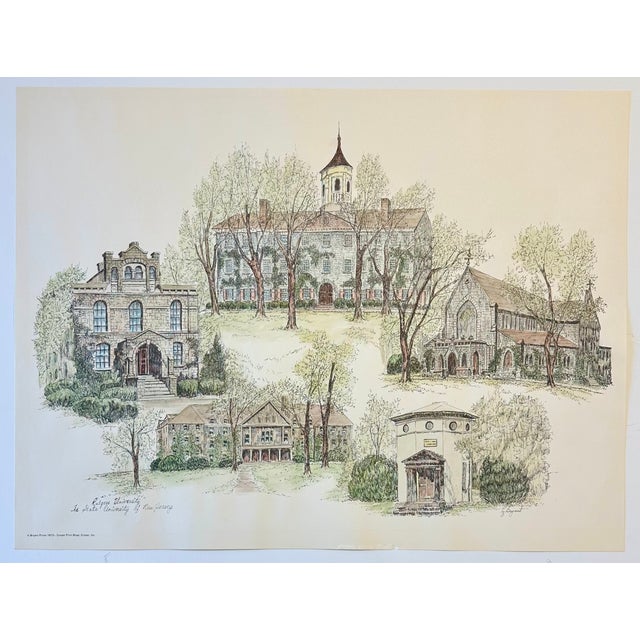 A charming late 20th-century hand-colored architectural print by artist Liz Bryant, depicting a collection of notable...