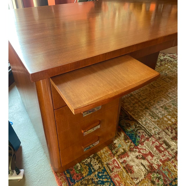 French Geometric Art Deco Rose Wood and Chrome Executive Desk W/ Bookshelves For Sale - Image 12 of 17