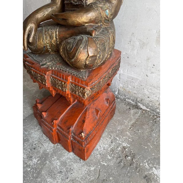 Large Seated Buddha Sculpture in Carved Base Gilded Wood For Sale - Image 14 of 18