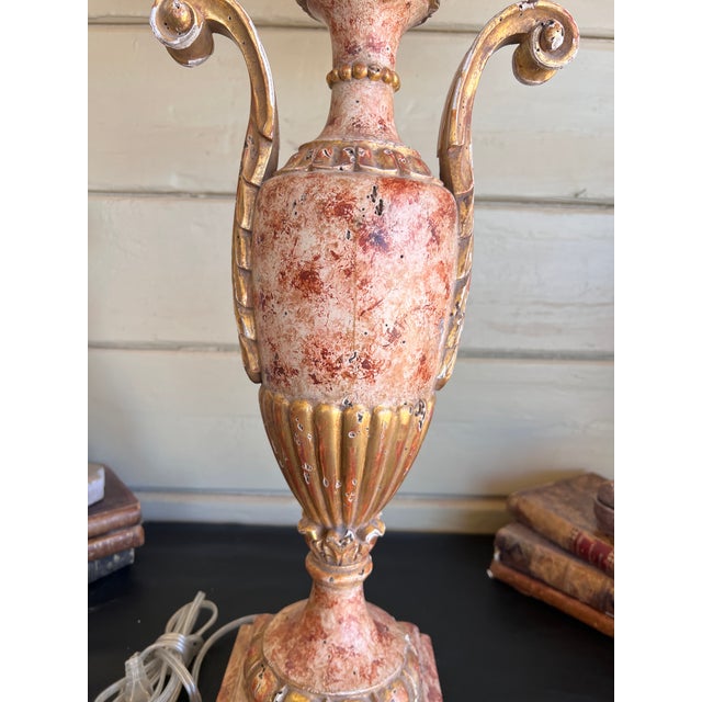 Wood Fine Antique Italian Neoclassical Giltwood & Faux Hand Painted Marble Carved Urn Table Lamp For Sale - Image 7 of 11