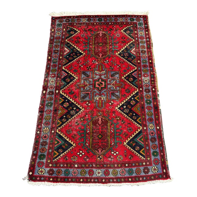 1940s Vintage Caucasian Hand-Knotted Wool Rug For Sale