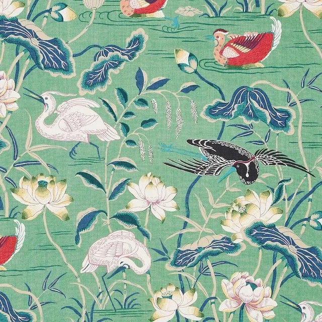 Sample- Schumacher Lotus Garden Fabric in Jade For Sale