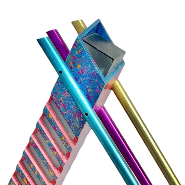 An incredible custom table lamp in the postmodern style from the 1980s in steel and acrylic. Signed and dated on the base