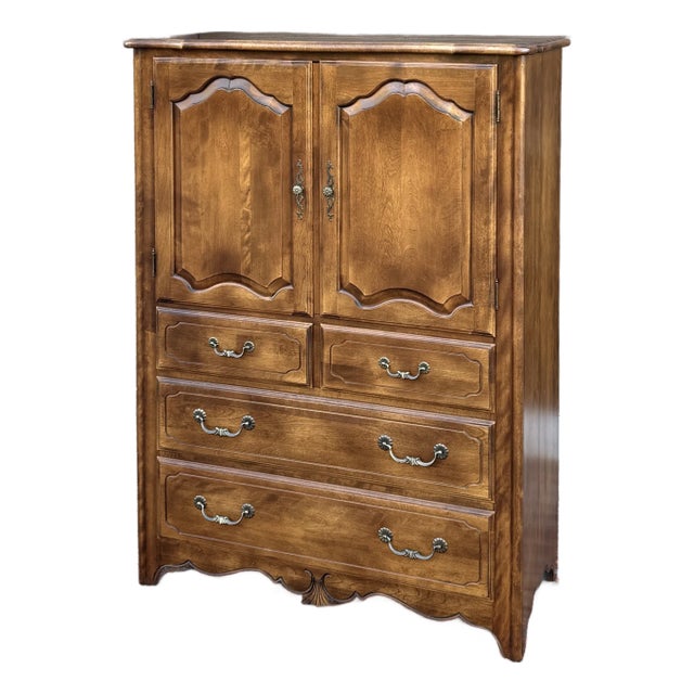 1980s Ethan Allen Country French Solid Birch 6 Drawer Highboy Armoire Dresser (26-5305 Fruitwood) For Sale