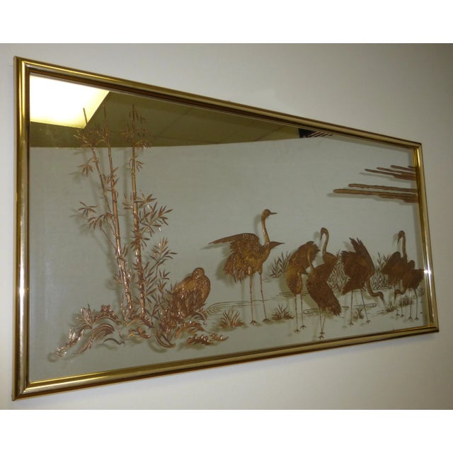 1990s Vintage Oriental Asian Hollywood Regency Wall Mirror W Etched Gold Crane Birds For Sale - Image 5 of 13