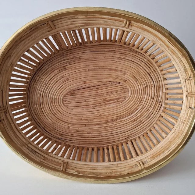 Gabriella Crespi Oval Serving Basket in Rattan and Brass, 1970s For Sale - Image 4 of 13
