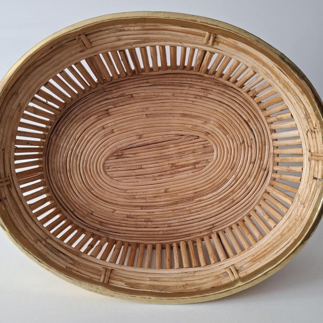 Gabriella Crespi Oval Serving Basket in Rattan and Brass by Gabriella Crespi, 1970s For Sale - Image 4 of 13