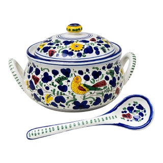 Vintage Fima Deruta Italy Hand-Painted Arabesco Bird Soup Tureen & Ladle Set For Sale