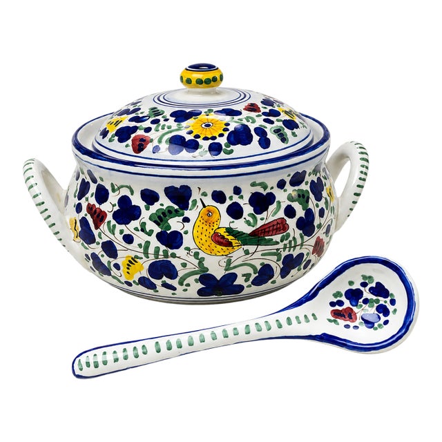 Vintage Fima Deruta Italy Hand-Painted Arabesco Bird Soup Tureen & Ladle Set For Sale