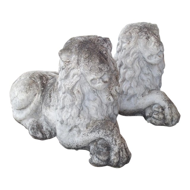 Pair of Recumbent Reconstituted Stone Garden Lions From Belgium, Circa 1960 For Sale