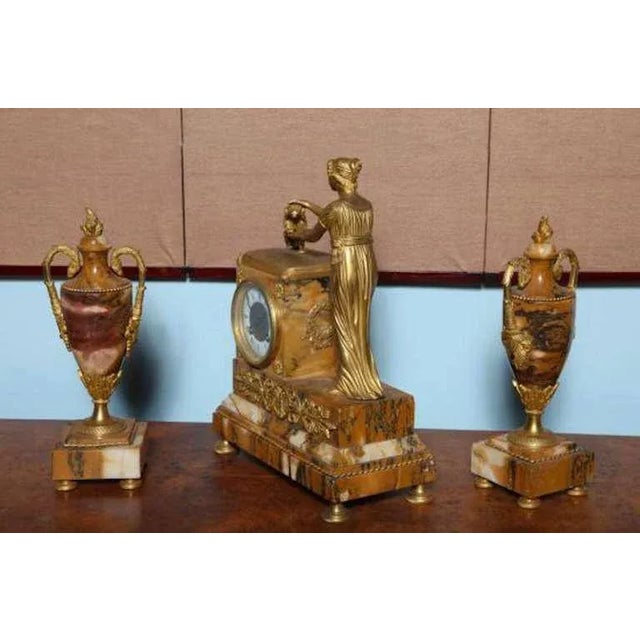 French 19th Century French Empire Japy Freres Lady and Dog Gilt Bronze Marble Clock With Garnitures Signed - 3 Pieces Fabulous For Sale - Image 3 of 7
