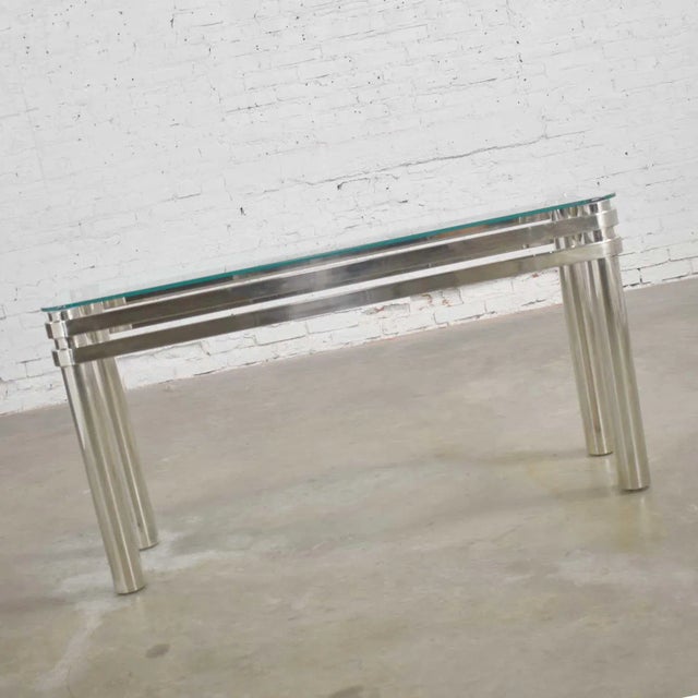 Modern Console Sofa Table Chrome Rectangle With Glass Top Style of Pace or Karl Springer For Sale - Image 9 of 13
