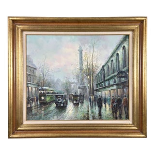 1970s J. Gaston Signed Painting of Paris Street Scene With Street Cars & Figures For Sale